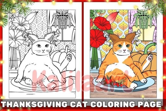 Thanksgiving Cat Coloring Page 04 Graphics for Kdp Interiors